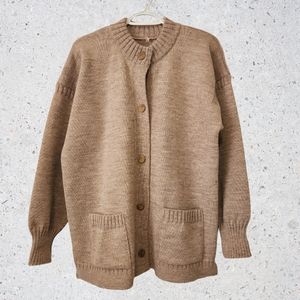100% Wool Grandfather Style Cardigan Light Brown Size 44